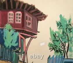 Tableau ancien huile paysage maison de village européenne