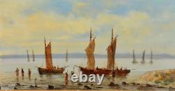 Tableau ancien huile paysage marine bateaux école Française XIXème