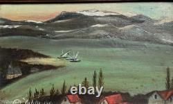 Tableau ancien huile paysage maritime, vue mer, village signé 1911