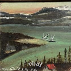 Tableau ancien huile paysage maritime, vue mer, village signé 1911