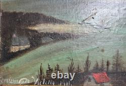 Tableau ancien huile paysage maritime, vue mer, village signé 1911