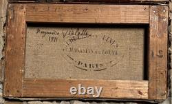 Tableau ancien huile paysage maritime, vue mer, village signé 1911