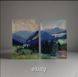 Tableau ancien huile paysage massif montagne toitures rouges impressionnisme