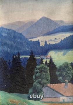 Tableau ancien huile paysage massif montagne toitures rouges impressionnisme