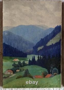 Tableau ancien huile paysage massif montagne toitures rouges impressionnisme