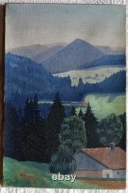Tableau ancien huile paysage massif montagne toitures rouges impressionnisme