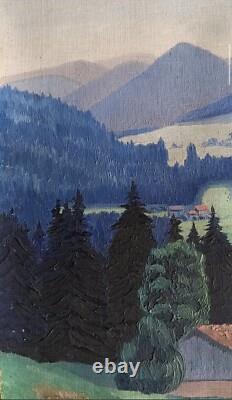 Tableau ancien huile paysage massif montagne toitures rouges impressionnisme