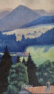 Tableau ancien huile paysage massif montagne toitures rouges impressionnisme