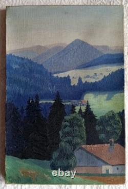 Tableau ancien huile paysage massif montagne toitures rouges impressionnisme