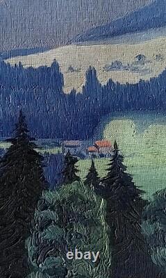 Tableau ancien huile paysage massif montagne toitures rouges impressionnisme