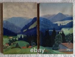 Tableau ancien huile paysage massif montagne toitures rouges impressionnisme