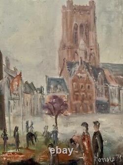Tableau ancien huile paysage place animée beffroi de Béthune signé Honoré