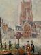 Tableau ancien huile paysage place animée beffroi de Béthune signé Honoré