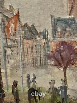 Tableau ancien huile paysage place animée beffroi de Béthune signé Honoré