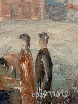 Tableau ancien huile paysage place animée beffroi de Béthune signé Honoré