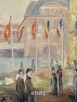 Tableau ancien huile paysage place animée beffroi de Béthune signé Honoré