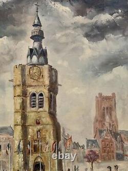 Tableau ancien huile paysage place animée beffroi de Béthune signé Honoré
