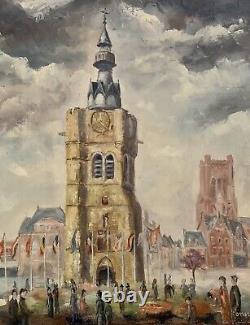 Tableau ancien huile paysage place animée beffroi de Béthune signé Honoré