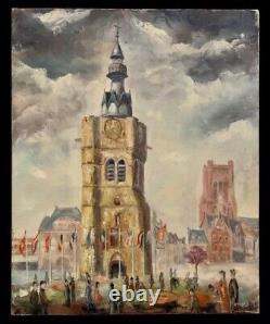 Tableau ancien huile paysage place animée beffroi de Béthune signé Honoré