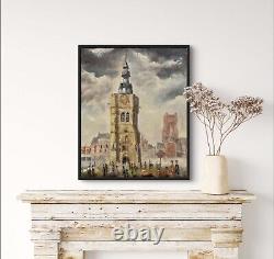 Tableau ancien huile paysage place animée beffroi de Béthune signé Honoré