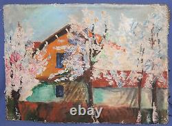 Tableau ancien huile paysage printanier impressionniste