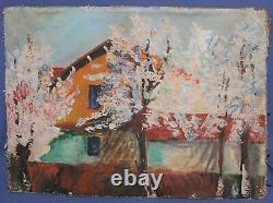 Tableau ancien huile paysage printanier impressionniste