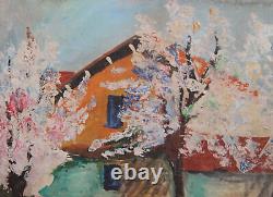 Tableau ancien huile paysage printanier impressionniste