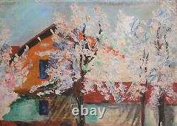 Tableau ancien huile paysage printanier impressionniste