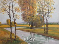 Tableau ancien huile paysage rivière