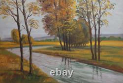 Tableau ancien huile paysage rivière