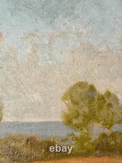 Tableau ancien huile paysage sentier bord de mer pinède Vincent Manago