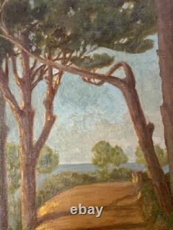 Tableau ancien huile paysage sentier bord de mer pinède Vincent Manago