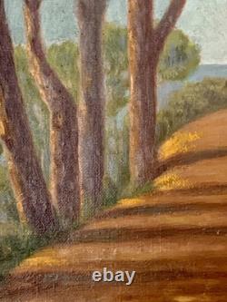 Tableau ancien huile paysage sentier bord de mer pinède Vincent Manago