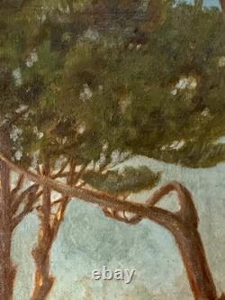 Tableau ancien huile paysage sentier bord de mer pinède Vincent Manago