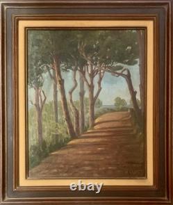 Tableau ancien huile paysage sentier bord de mer pinède Vincent Manago