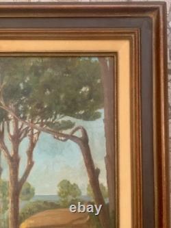 Tableau ancien huile paysage sentier bord de mer pinède Vincent Manago