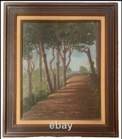 Tableau ancien huile paysage sentier bord de mer pinède Vincent Manago