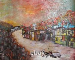 Tableau ancien huile paysage urbain post impressionniste