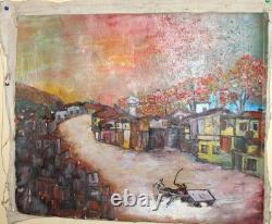 Tableau ancien huile paysage urbain post impressionniste