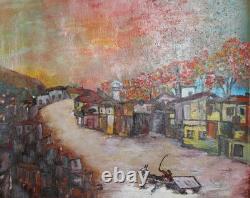 Tableau ancien huile paysage urbain post impressionniste
