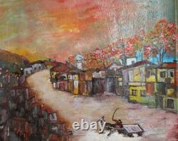 Tableau ancien huile paysage urbain post impressionniste