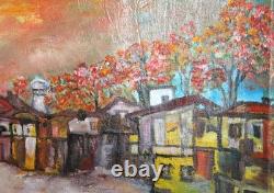 Tableau ancien huile paysage urbain post impressionniste