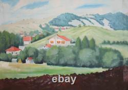 Tableau ancien huile paysage village montagne