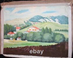 Tableau ancien huile paysage village montagne