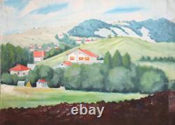 Tableau ancien huile paysage village montagne