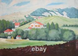 Tableau ancien huile paysage village montagne