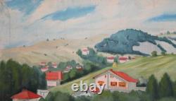 Tableau ancien huile paysage village montagne