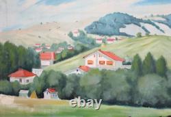 Tableau ancien huile paysage village montagne