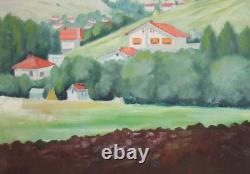 Tableau ancien huile paysage village montagne