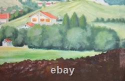 Tableau ancien huile paysage village montagne